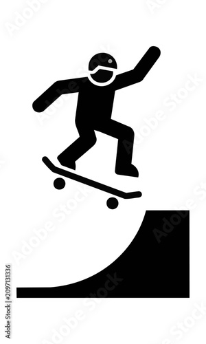 Minimalist pictogram of a person skateboarding on a ramp with flat bold design on a clean white background, extreme sports concept