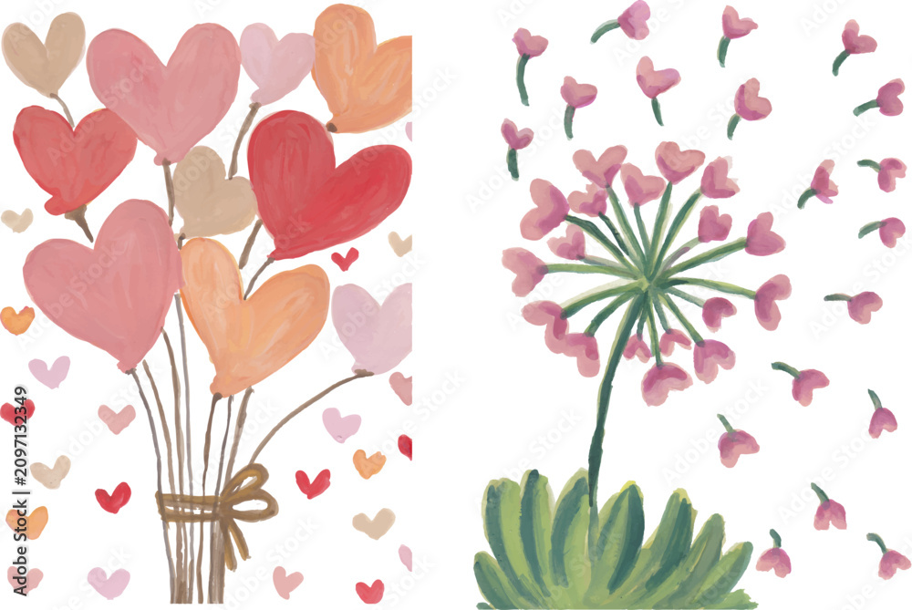 Obraz premium Heart balloons and dandelions hand drawn watercolor
