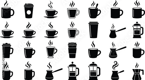 Bild auf Leinwand Hot coffee cups and espresso mug black silhouette glyph icon mega set for cafe b