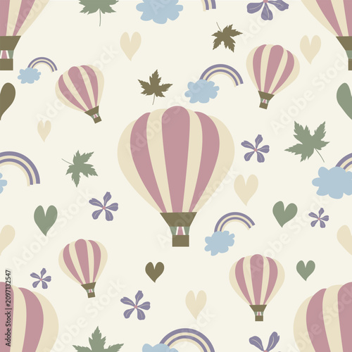 Cute hot air balloon and rainbow seamless pattern. Hand-drawn pastel nursery vector illustration for kids fabric and wallpaper