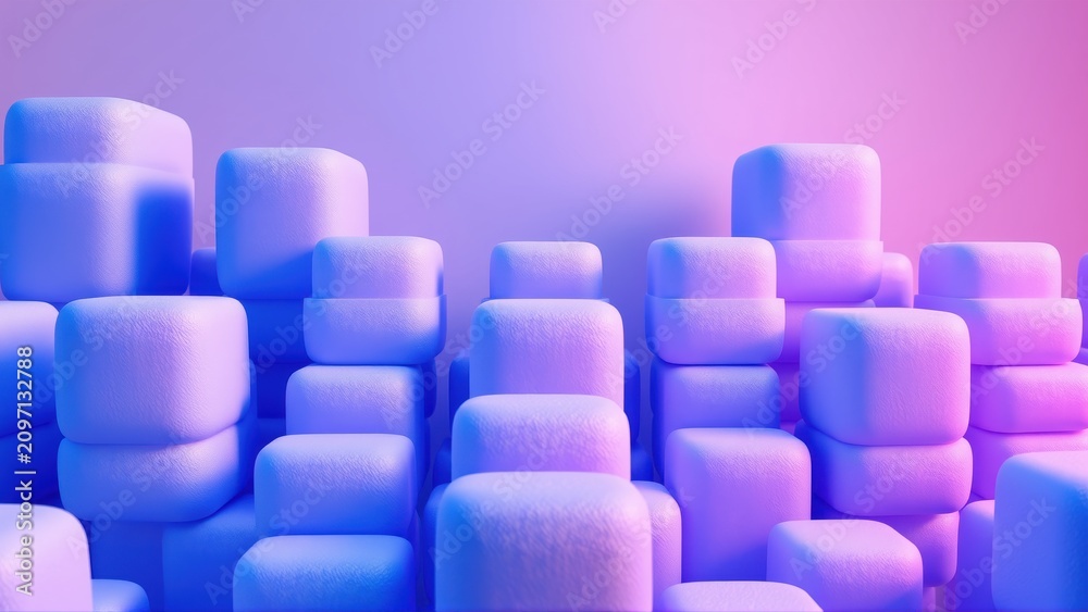Fototapeta premium Abstract blocks form cityscape. Soft gradients, vibrant blues, purples dominate composition. Minimalist design, modern aesthetic.
