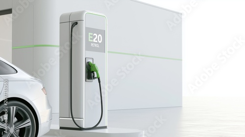 Modern E20 Ethanol Petrol Fuel Pump at Sustainable Gas Station with Clean Energy Copy Space