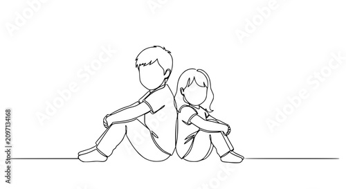 Minimalist line art of two children sitting back to back, a boy and a girl.