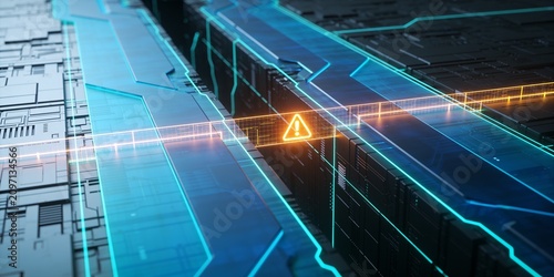 Digital Risk Threshold with Glowing Warning Symbol and Blue Technology Pathways for Cybersecurity Presentation Header