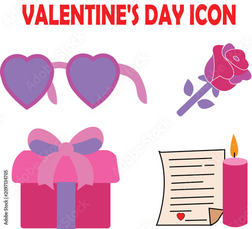 Set of Valentine's Day elements including heart shaped sunglasses rose flower gift box and love letter with candle flat vector illustration