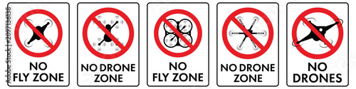 фотографія Collection of no drone zone and no fly zone warning signs with different quadcopter designs in vector style