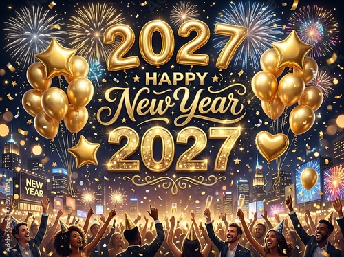 People cheering at happy new year 2027 party with golden balloons and fireworks background.