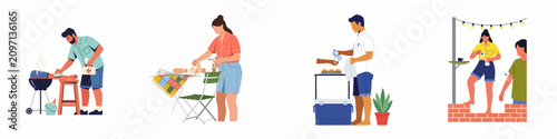 Foto Set of illustrations showing people performing first aid for minor injuries during outdoor activities like barbecues and picnics