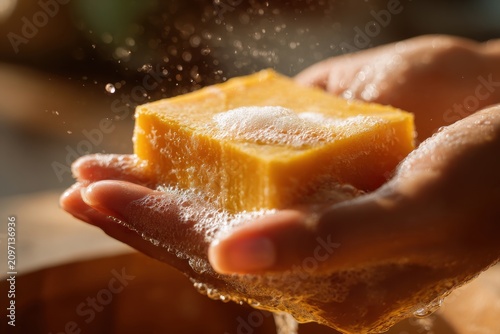 Hands applying botanical turmeric soap during a skincare ritual with soft glow and natural organic textures