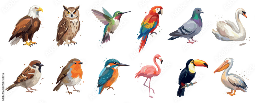 Obraz premium Bird icons set. Diverse avian species concept. Includes eagle, owl, hummingbird, macaw, pigeon, swan, sparrow, robin, kingfisher, flamingo, toucan, pelican. Watercolor style