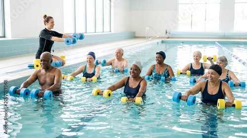 Happy senior group doing aqua aerobics with foam dumbbells in swimming pool, active elderly lifestyle and fitness recreation. AI generated.
