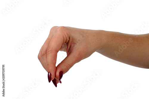 Woman`s hand making shooting picked , gesture isolated on a white background. Top viewю collected fingers gesture