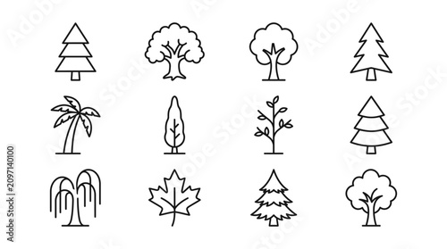 Obraz na płótnie Tree Line Icons Set – Nature Plant Forest Outline Vector Illustration Collection