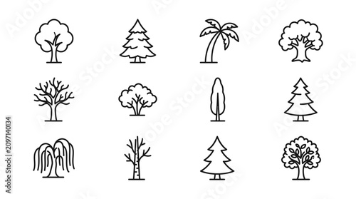 Foto Tree Line Icons Set – Forest Botanical Nature Outline Vector Illustration Collec