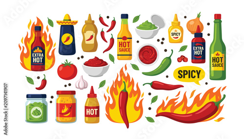 Foto Hot sauce and spicy condiments vector cartoon set with chili peppers burning fla