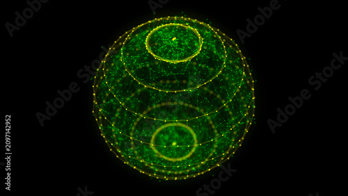 Green sphere consisting of points and lines. Modern wireframe elements. Technology grid sphere. 3d rendering.
