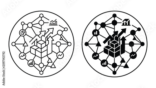 Business data analytics and strategic network growth icon set with analytics