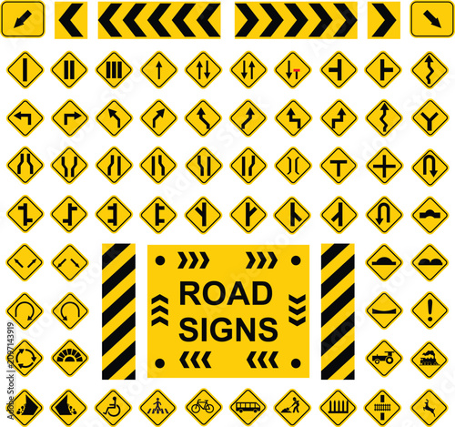 Road signs set features a comprehensive collection of yellow diamond-shaped traffic markers and directional symbols for highway safety.