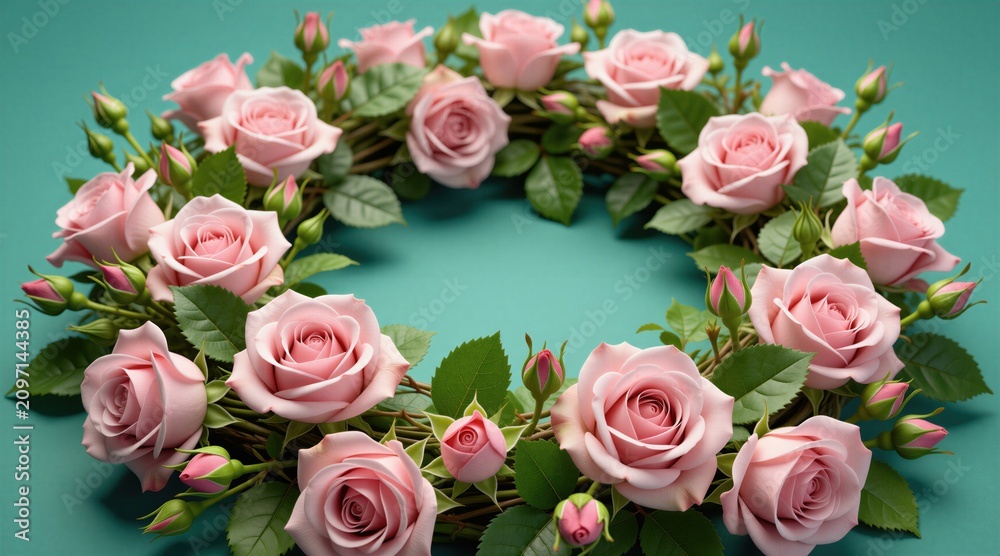 Fototapeta premium Circular wreath made of fresh pink rose flowers, green leaves on teal background. Pretty floral frame design with soft botanical texture for greeting card. Elegant bloom arrangement creates romantic
