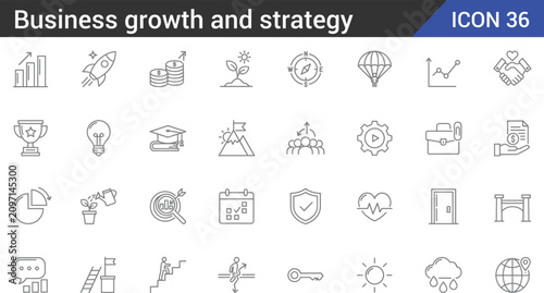 Quadro su tela Set of thirty-six outline business growth and strategy line art vector icons