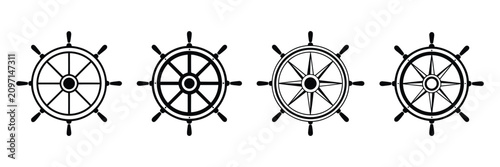 Billede på lærred Boat helm steering wheel icons featuring flat maritime navigation symbols with clean minimalist vector graphics for marine transport, sailing, nautical adventure, and ship control concepts