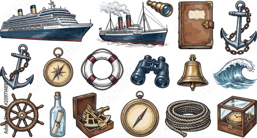 Quadro su tela Hand Drawn Nautical and Maritime Voyage Vector Set Featuring Cruise Ships Anchor