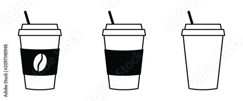 Obraz na płótnie Takeaway coffee cup icons featuring paper cups, lid variations, coffee bean logos, and whipped cream toppings with clean minimalist vector graphics for cafés, beverages, and food packaging