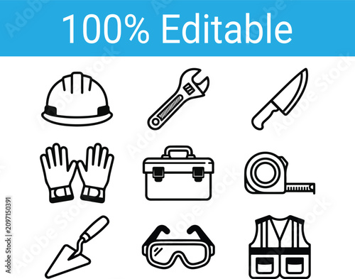 Fotografie Construction Industrial work tools icon set, black silhouettes of different equi