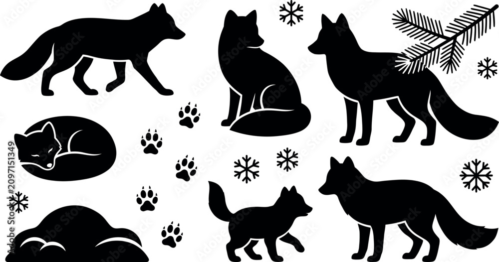 Fototapeta premium Winter Animal Silhouettes Collection for Holiday and Seasonal Designs. Snowy Forest Creatures and Wildlife Icons. Suitable for Seasonal Campaigns