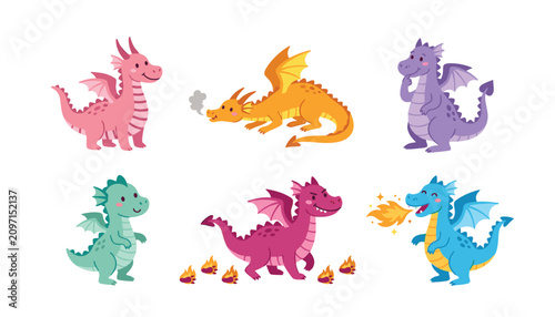 Cute colorful baby dragon cartoon characters set breathing fire flying and standing fairy tale sticker collection isolated on white background