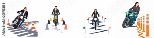 Set of flat illustrations featuring women learning to ride motorcycles and scooters through various obstacle courses, training for a driving license.