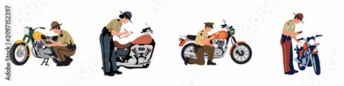 Obraz na płótnie Set of flat vector illustrations featuring police officers and state troopers inspecting motorcycles with flashlights, clipboards, and magnifying glasses on a white background