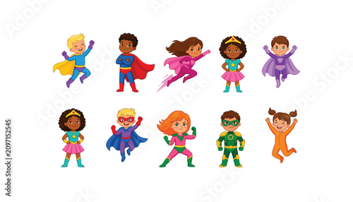 Cute diverse multicultural kids in superhero costumes flying jumping standing vector cartoon characters set isolated on white background