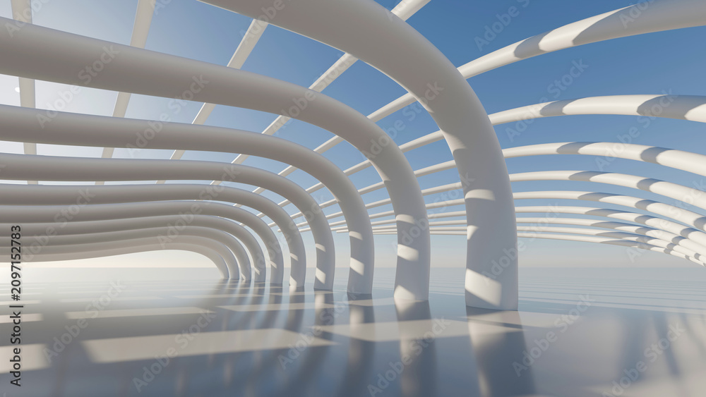 Obraz premium Futuristic white parametric pavilion corridor 3D render with curved arches, blue sky, and copy space