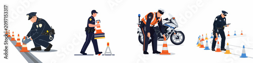 A set of flat vector illustrations depicting police officers performing traffic control duties, setting up safety cones, and investigating accidents on the road.