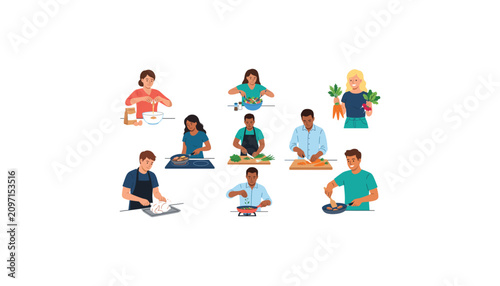 Diverse people cooking food cartoon characters set baking mixing frying chopping vegetables home kitchen isolated on white background
