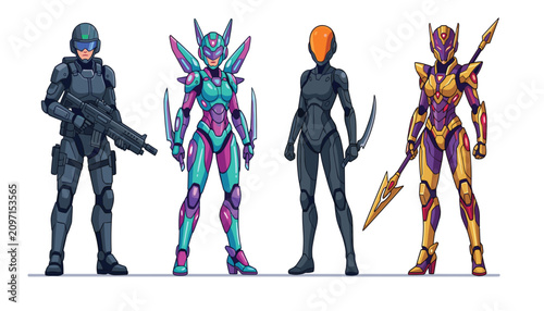 Futuristic sci-fi soldier and cyborg warrior cartoon characters set wearing heavy armor suit holding weapons isolated on white background