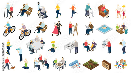 Konstfotografi Isometric Illustrations Of Senior Activities And Leisure White Background