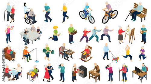 Isometric senior citizens engaging in various activities vector illustration
