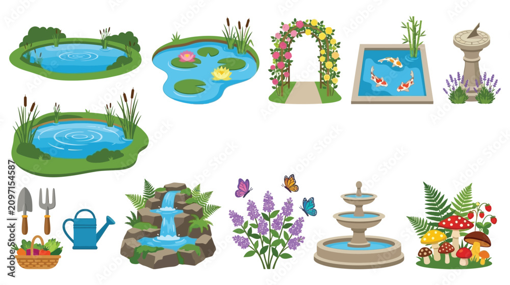 Fototapeta premium Garden Elements Vector Illustration With Ponds Flowers And Decorative Features