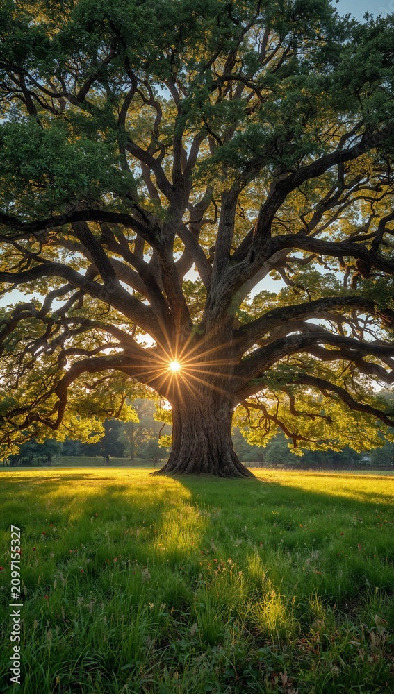 Fototapeta premium Majestic ancient oak tree illuminated by golden sunlight in a lush green meadow symbolizing strength, longevity, nature and environmental conservation.