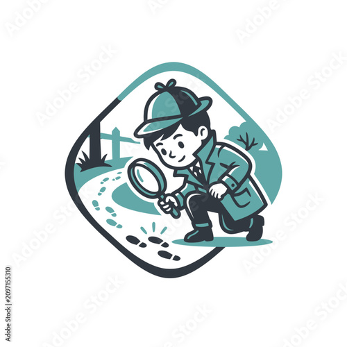 Tableau sur toile Cartoon boy detective with magnifying glass.