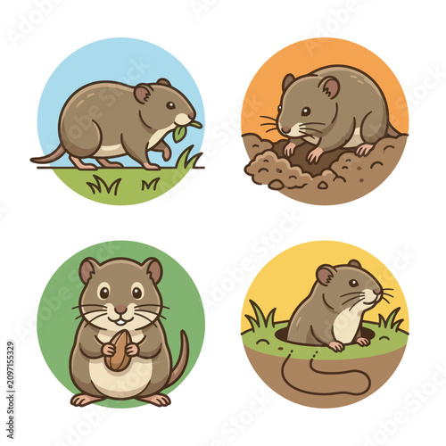 Foto Cartoon muskrats in different poses.