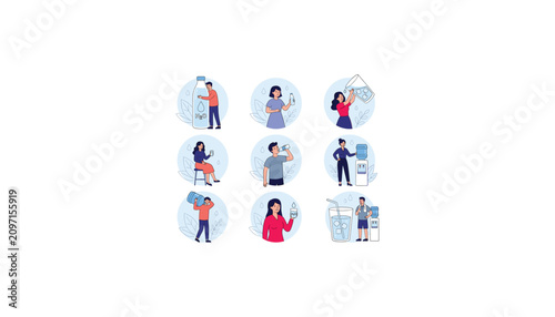 People drinking fresh water character set with water dispenser bottle glass and icons vector flat illustration for healthy lifestyle concepts