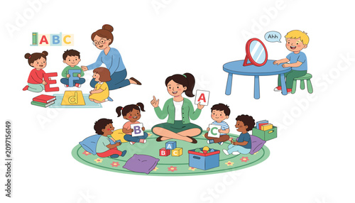 Speech therapy classroom with cartoon children and teachers learning alphabet letters and practicing sounds isolated on white background