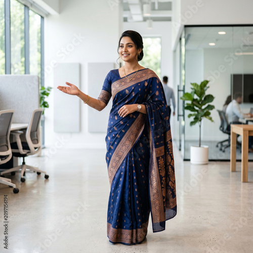 Indian businesswoman in saree gesturing. Professional host welcoming in office.