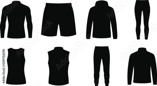 Photos Set of black flat apparel icons including sport clothing, casual wear, and gym o