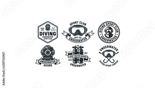 Vintage scuba diving sport club emblem bundle with retro underwater helmets masks and oxygen tanks vector logo badges collection