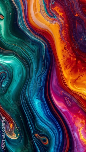 Vibrant abstract fluid art with swirling metallic colors and glossy textures, creating a dynamic luxury background with bold modern aesthetics.