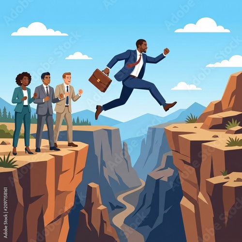 Businessman in blue suit jumping over canyon with briefcase in hand